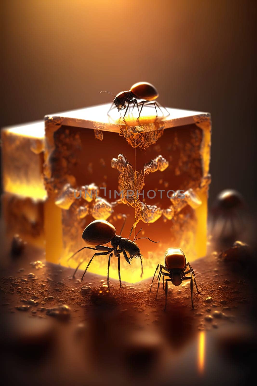 The painting depicts a colony of ants frantically devouring sugar crystals. The intricate details of their bodies and movements are masterfully captured, showing the chaos and frenzy of the scene. The image is generated with the use of an AI.