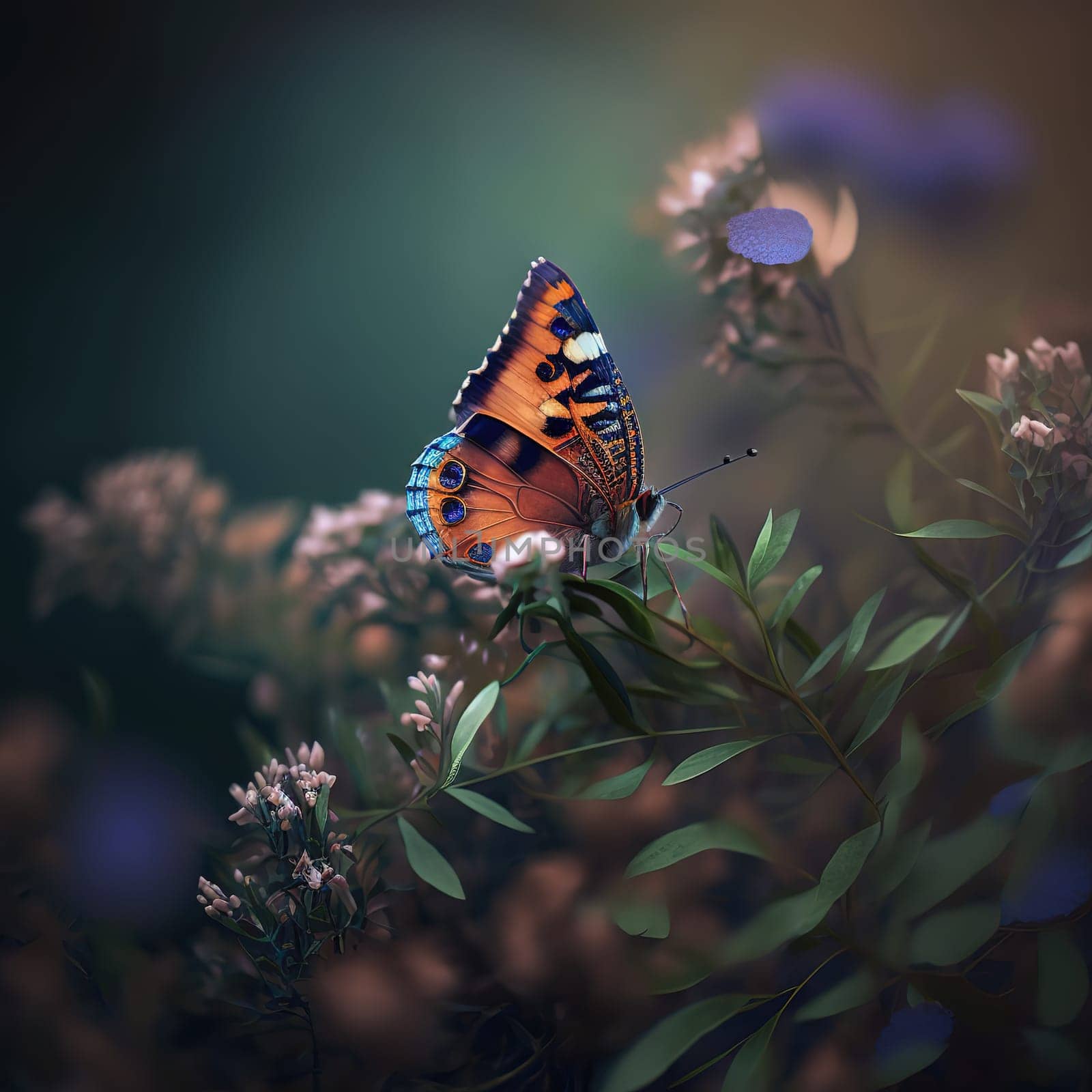 This delightful artwork showcases a beautiful butterfly perched upon a blooming flower. The intricate details of the butterfly's wings and the vibrant colors of the flower are captured with stunning precision. The image is generated with the use of an AI.