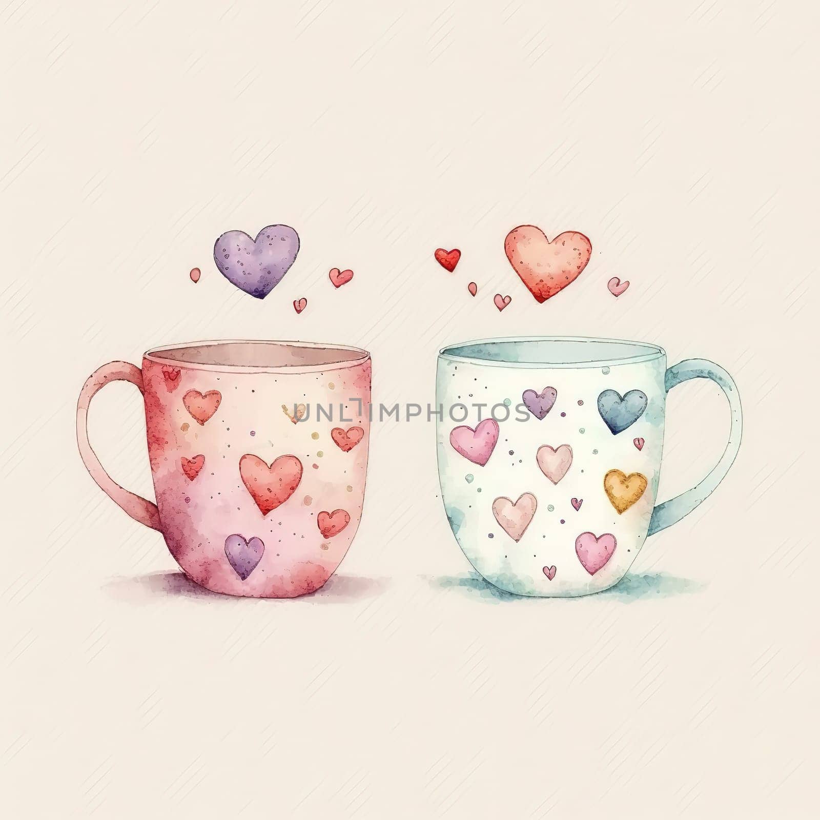 Two beautifully crafted mugs, each in its own unique design, share a loving moment together. With their handles intertwined, they symbolize the love and comfort that come from sharing a warm cup of coffee or tea with a loved one The image is generated with the use of an AI.