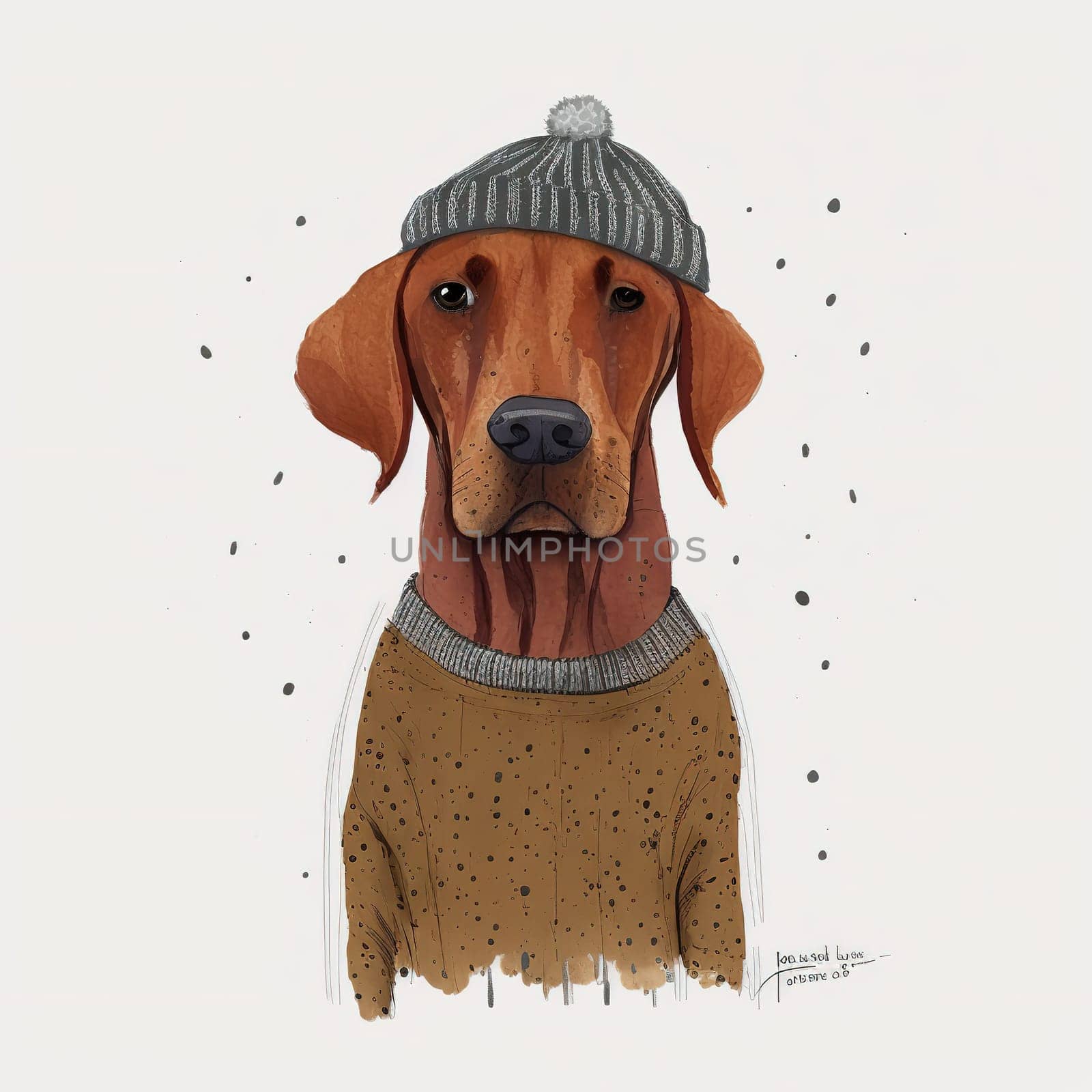 A painting depicts a sad dog with its head down, wrapped in a cozy knitted beret. The artist masterfully captures the dog's emotions, making the audience feel empathy for the furry friend. The image is generated with the use of an AI.