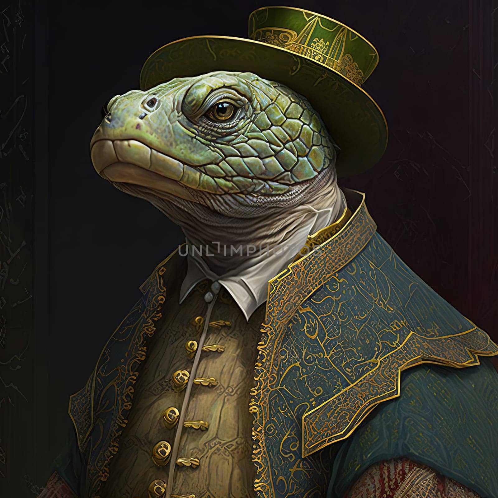 A stylish lizard dressed in an elegant outfit stands confidently in a vibrant, glamorous setting. The intricate details of its outfit, combined with the sleek lines of its body, create a mesmerizing image that's both playful and sophisticated. The image is generated with the use of an AI.