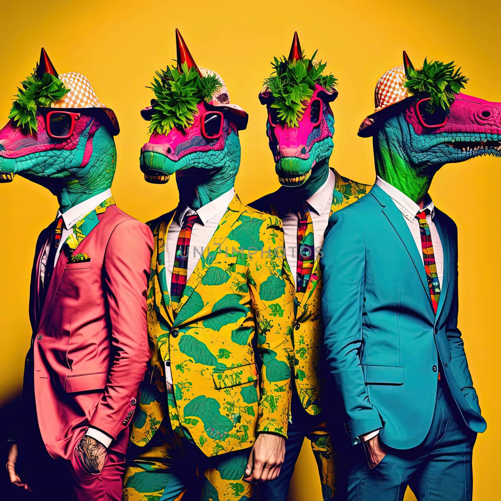 The painting depicts a group of lizards dressed in formal attire, standing tall and proud. They each exude an air of sophistication, as they are dressed in their finest attire. The image is generated with the use of an AI.