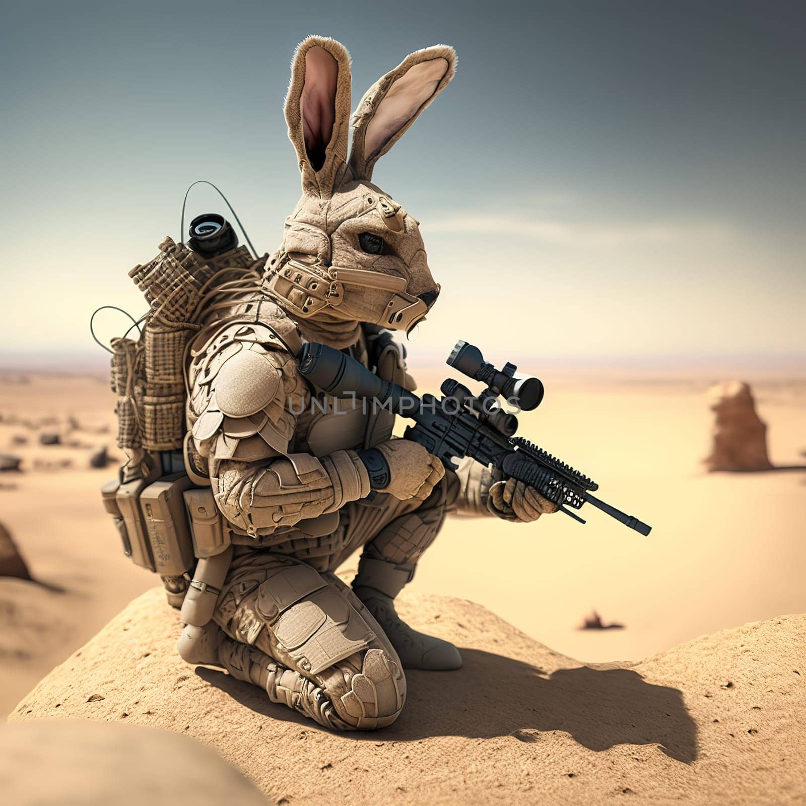 A lone rabbit stands amidst the desert, armed and ready for a fight. The orange and brown hues of the sand dunes contrast with the determined expression on the rabbit's face. The image is generated with the use of an AI.