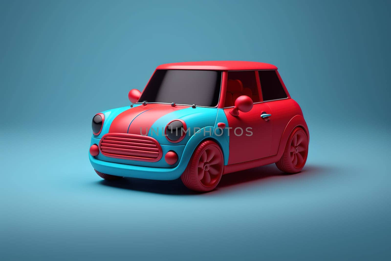 This vivid piece showcases a bold blue and red car in motion, with bright colors and sleek lines that convey energy and speed. The background is blurred to emphasize the focal point, the car itself. The image is generated with the use of an AI.