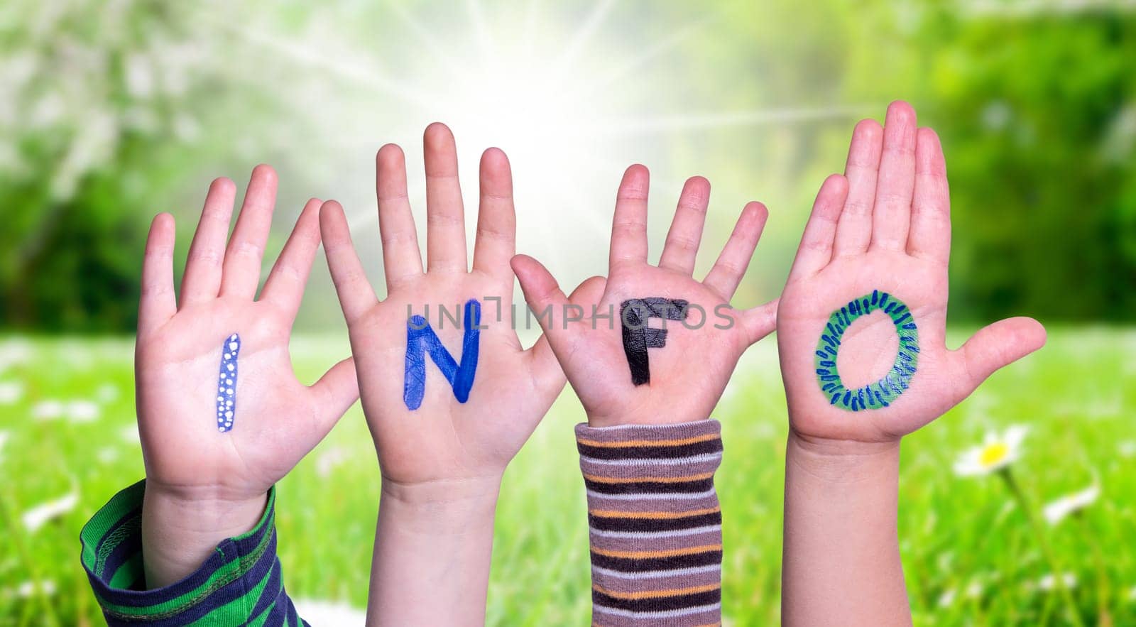 Children Hands Building Colorful German Word Info Means Information. Sunny Green Grass Meadow As Background.