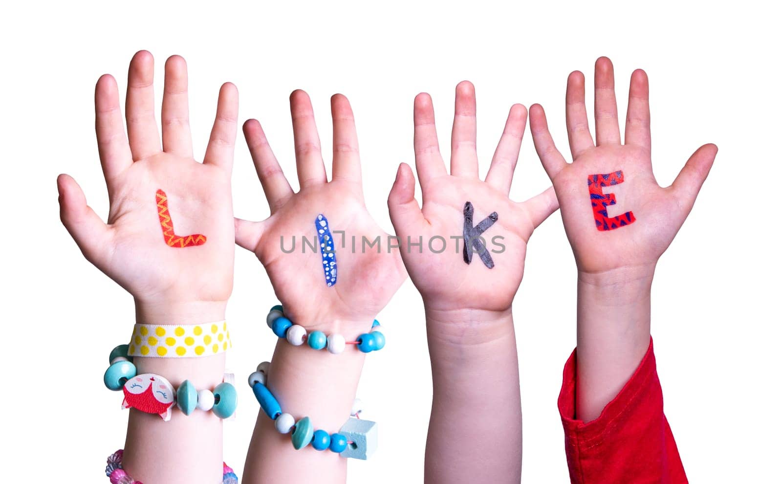 Children Hands Building Colorful English Word Like. Isolated White Background.
