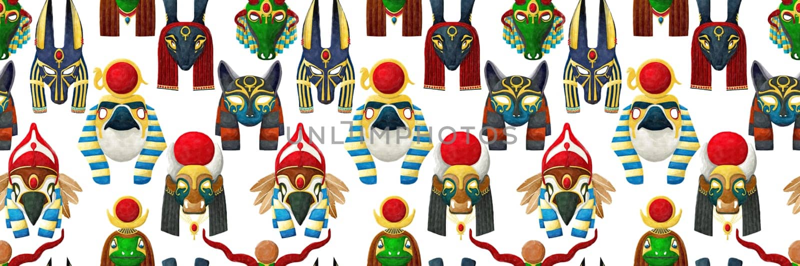 Watercolor gods of Egypt pattern over white background