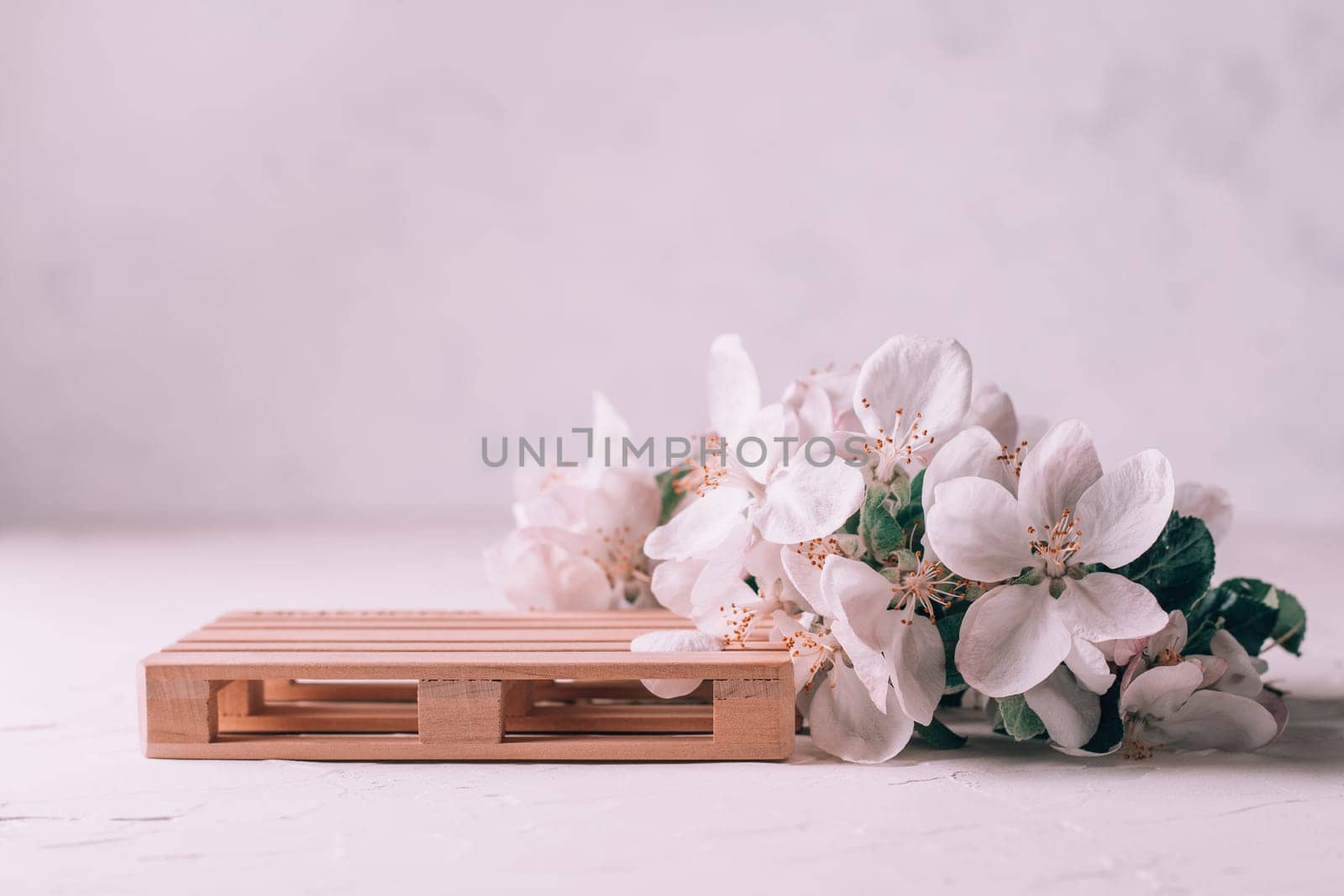 Wooden podium in form of pallet on light plaster surface with apple flowers. Podium, pedestal or stage. Mockup for cosmetic products