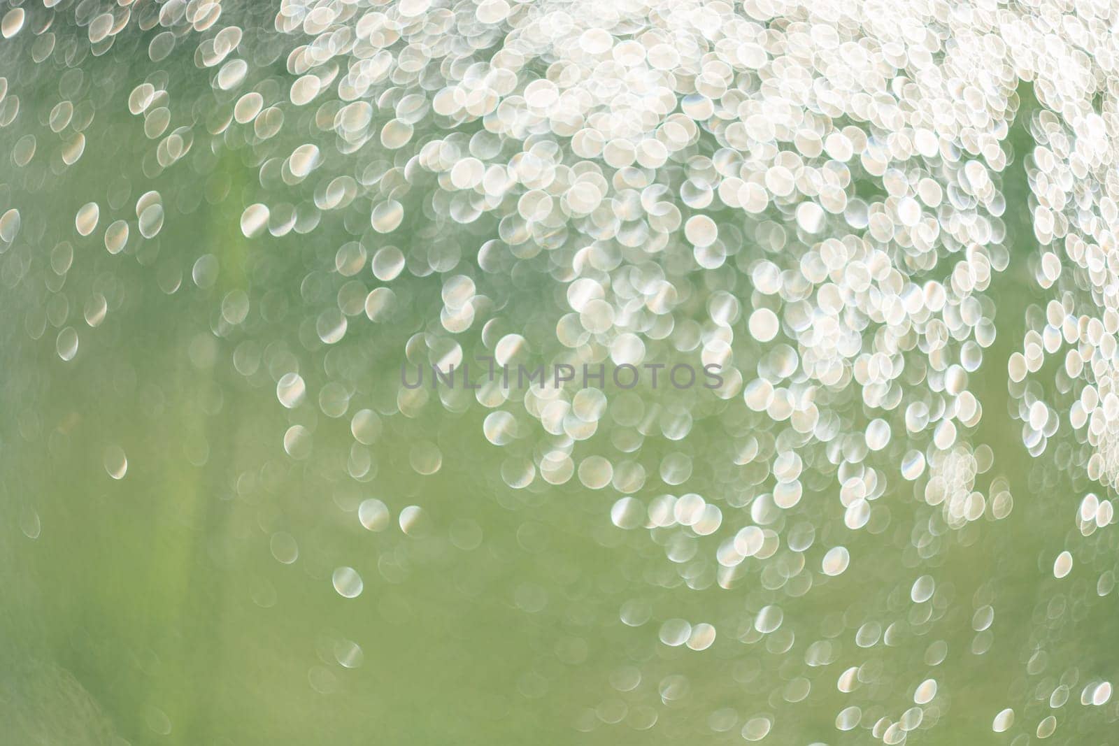 Creative background image. Light transparent drops of water in blur. Blurred bokeh on light background.