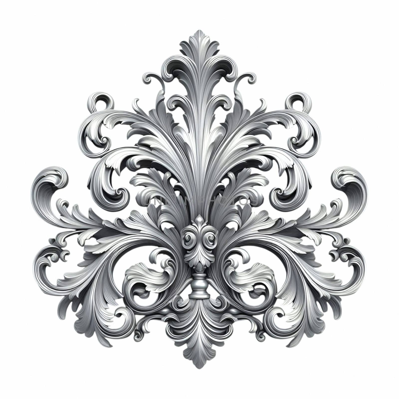 A silver baroque ornament featuring intricate scrolls and flourishes against a white background. the ornament has a vintage, antique appearance with a metallic, silver texture.