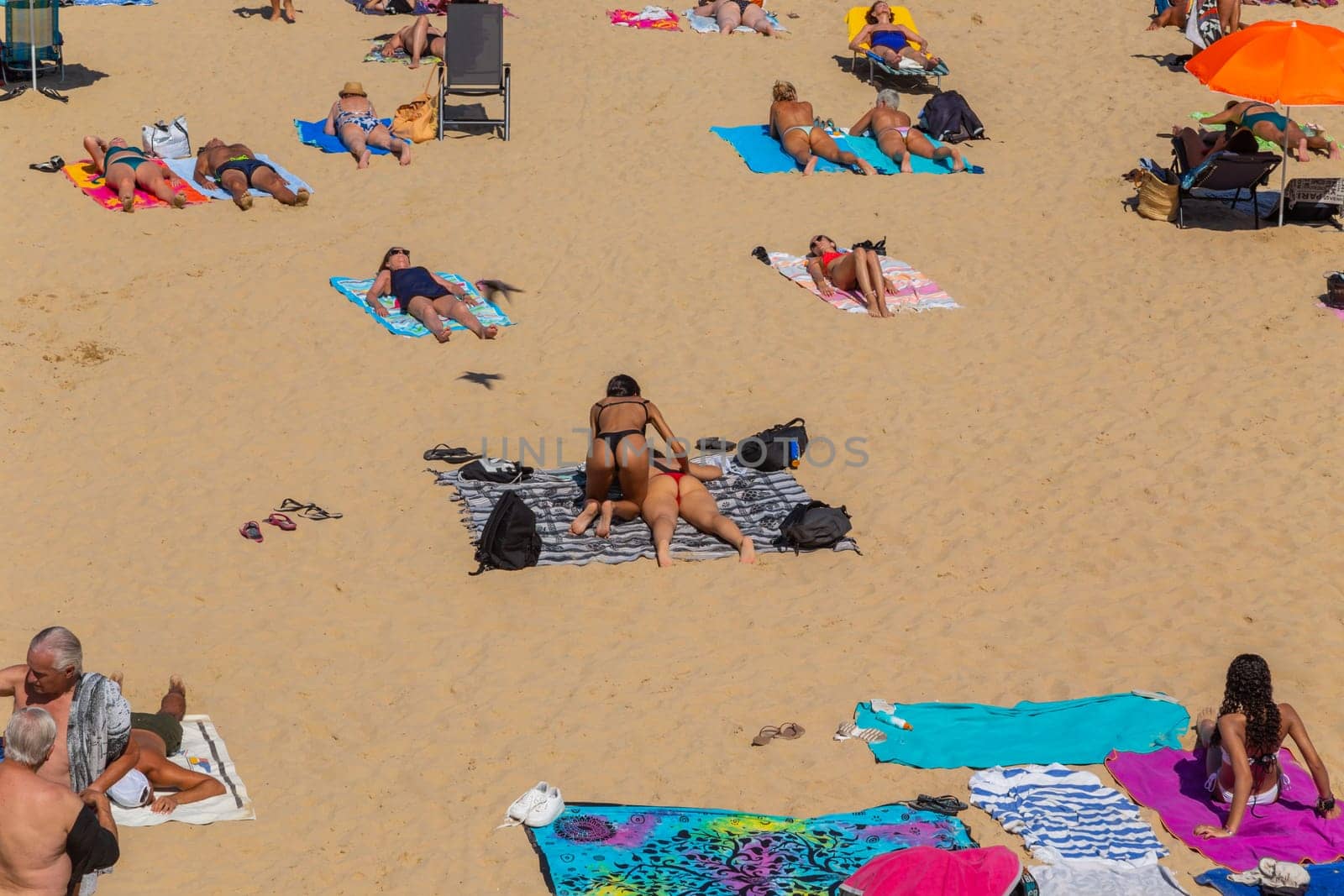 San Sebastian, Basque Country, Spain: August, 20, 2022: Landscape of La Concha beach in the city of San Sebastian, in the Spanish Basque Country