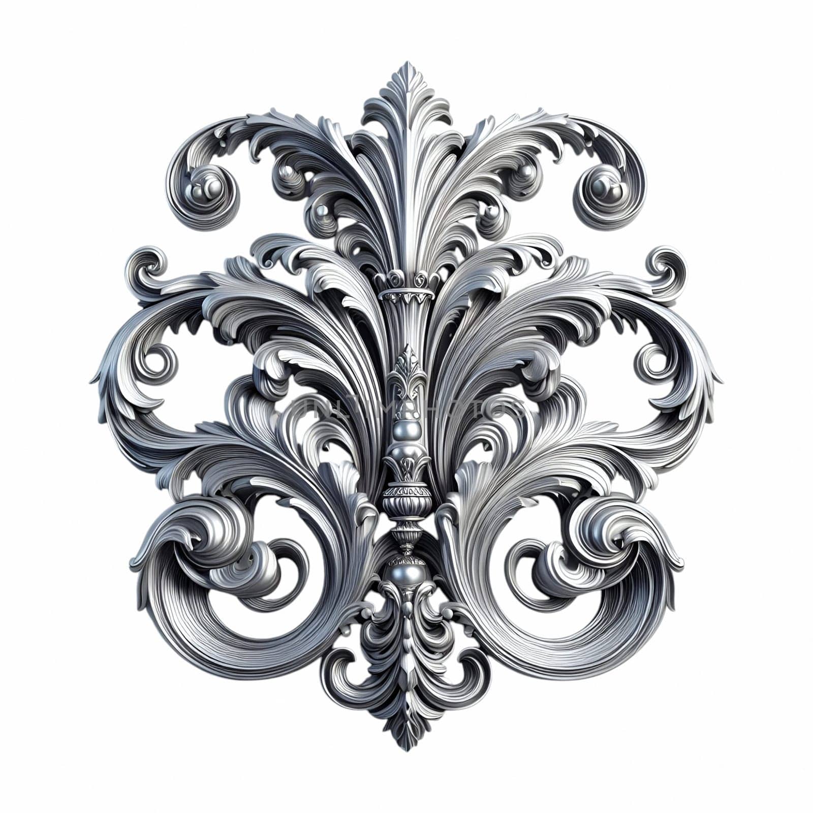 A silver baroque ornament featuring intricate scrolls and flourishes against a white background. the ornament has a vintage, antique appearance with a metallic, silver texture.