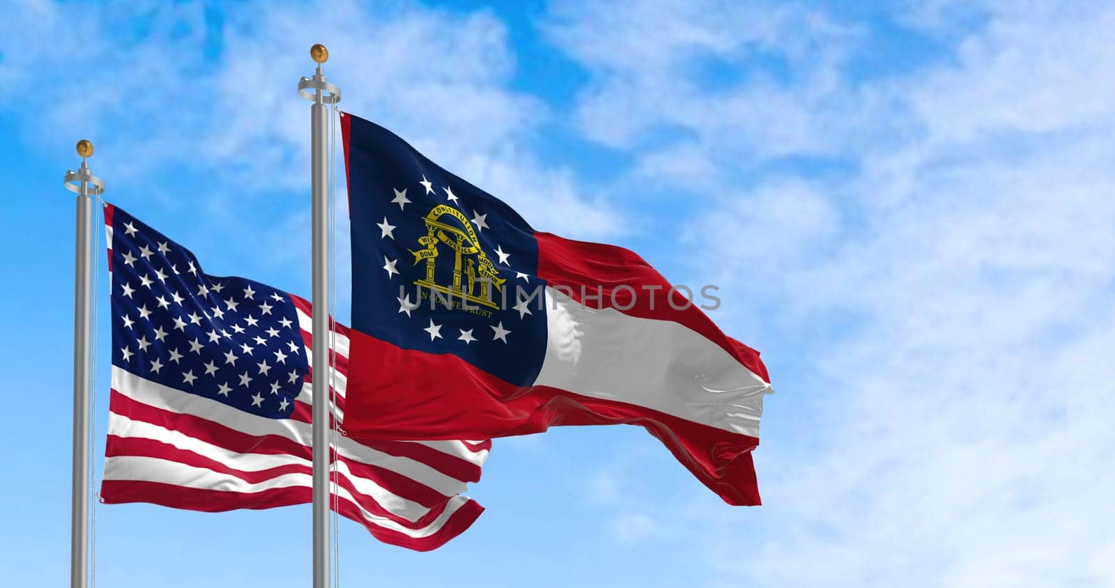 The Georgia state flag waving along with the national flag of the United States of America. In the background there is a clear sky. 3D illustration render. Rippled textile
