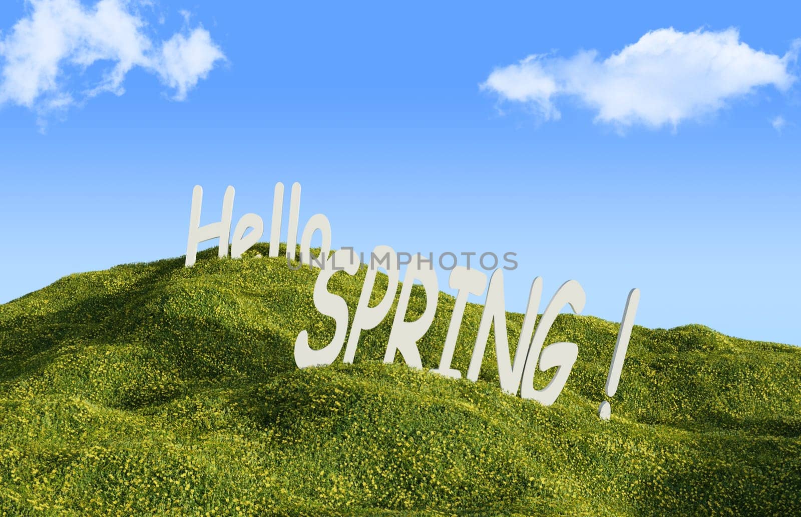The words hello spring on a green meadow with a beautiful sky, 3d rendering