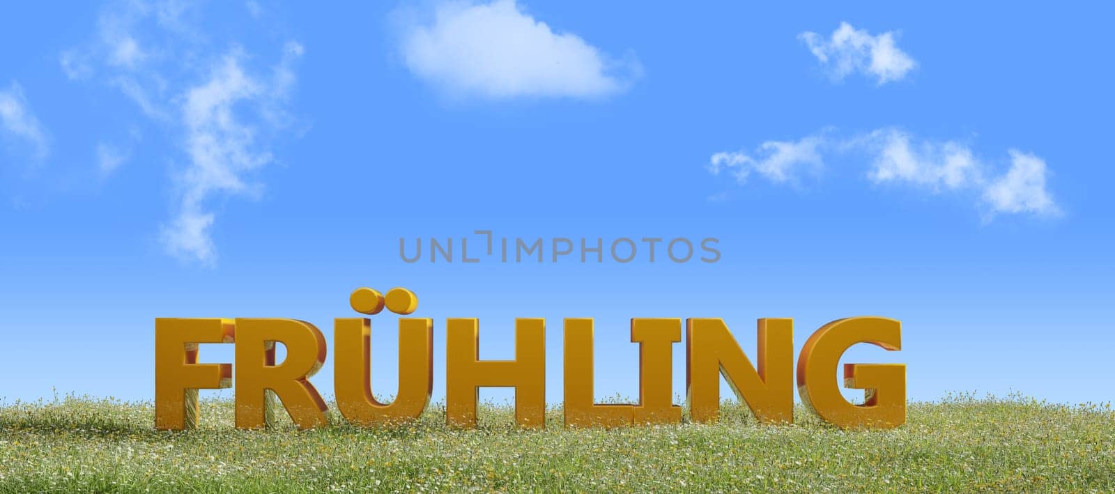 The German word spring with photorealistic grass hill on a blue sky background, 3d rendering