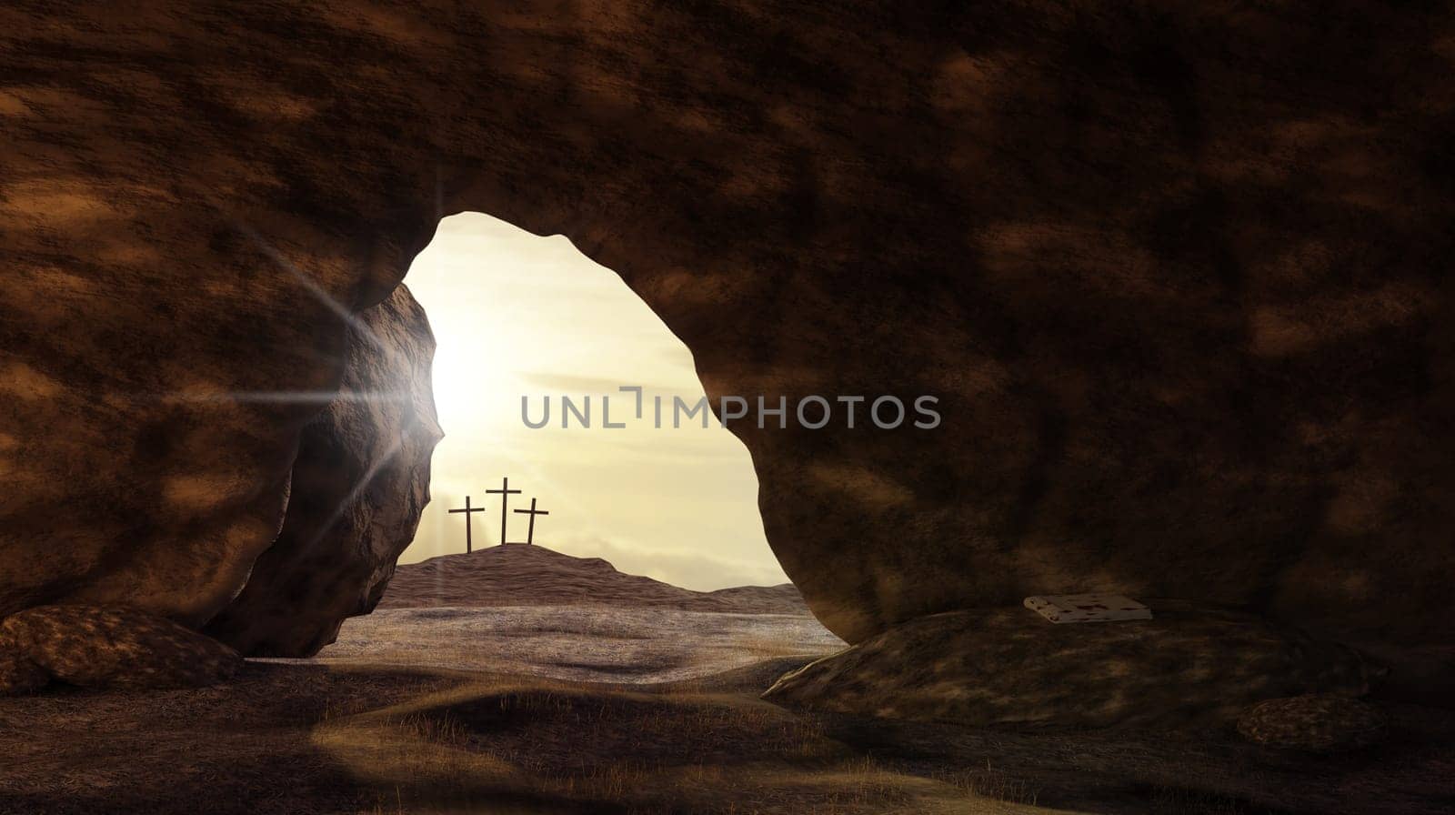 Shroud in empty tomb, resurrection of Jesus Christ, crucifixion, 3d rendering
