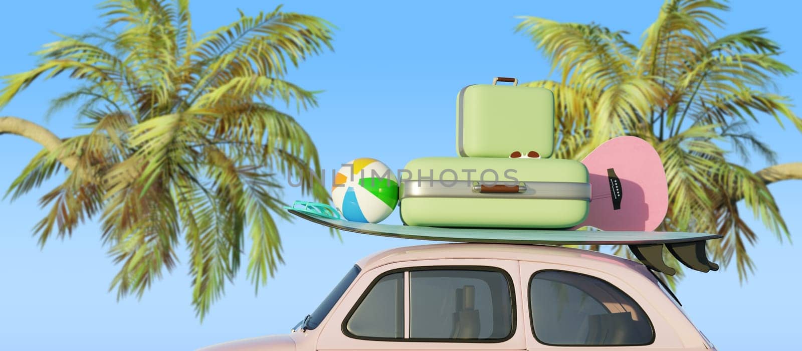 Retro small car with a surfboard and travel suitcases in front of a blue sky and palm trees, tourism concept, 3d rendering