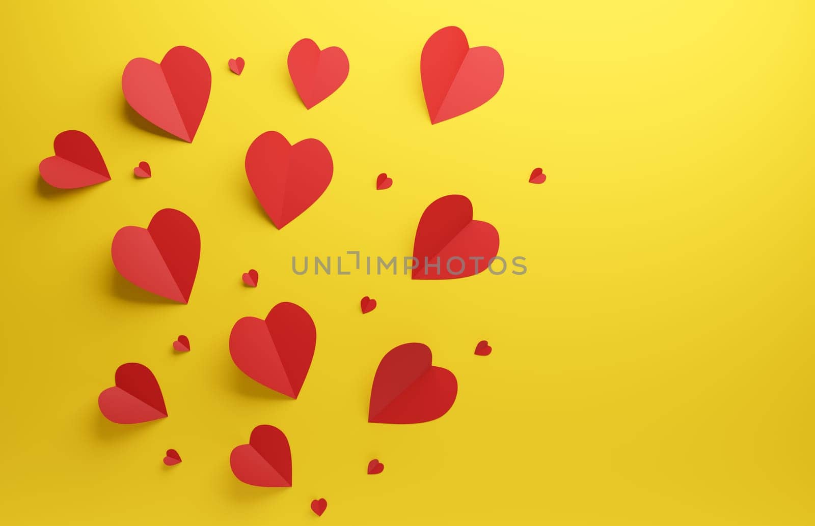 Red heart shapes on a yellow background, Valentines Day or wedding concept background, 3d rendering