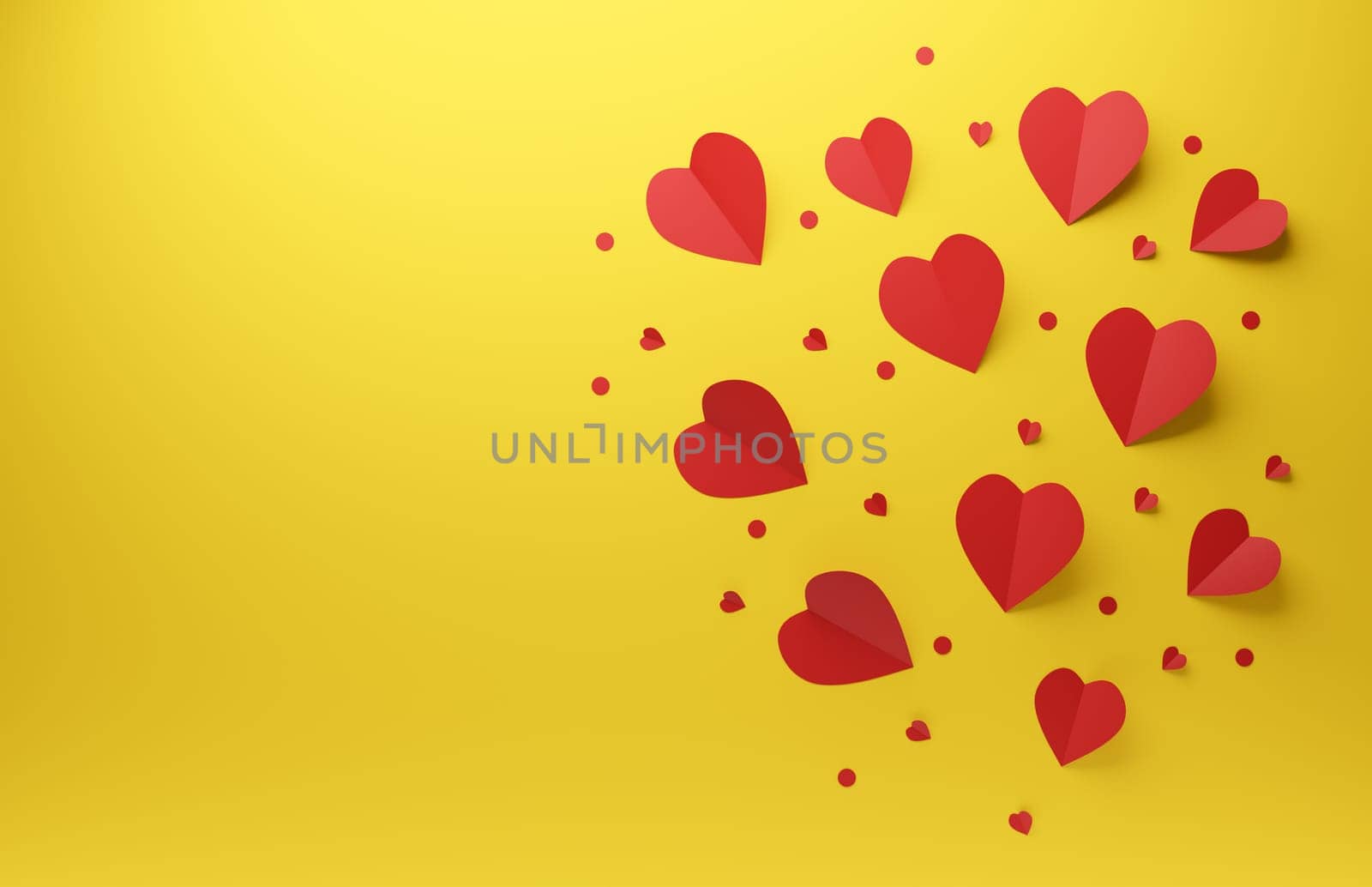 Red heart shapes on a yellow background, Valentines Day or wedding concept background, 3d rendering
