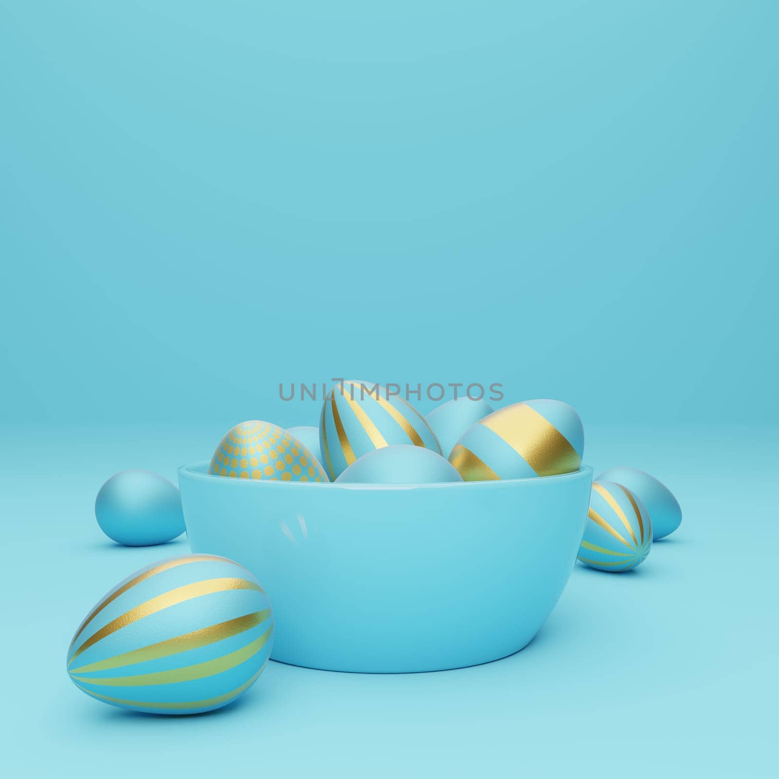 Many blue Easter eggs with golden eggs on a blue background, modern Easter background, 3d rendering