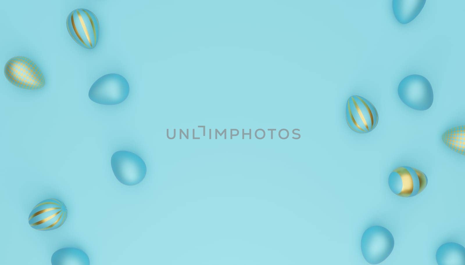 Many blue Easter eggs with golden egg on a blue background, modern Easter background, 3d rendering