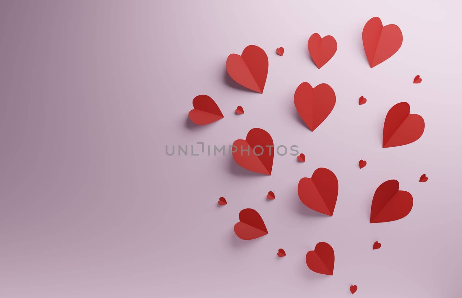 Red heart shapes on a pink background, Valentines Day or wedding concept background, 3d rendering