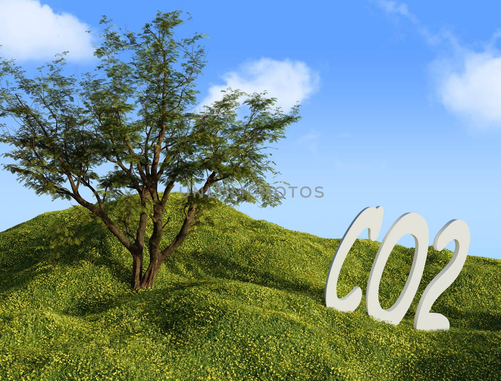 The words CO2 on a green meadow with tree and a beautiful sky, 3d rendering