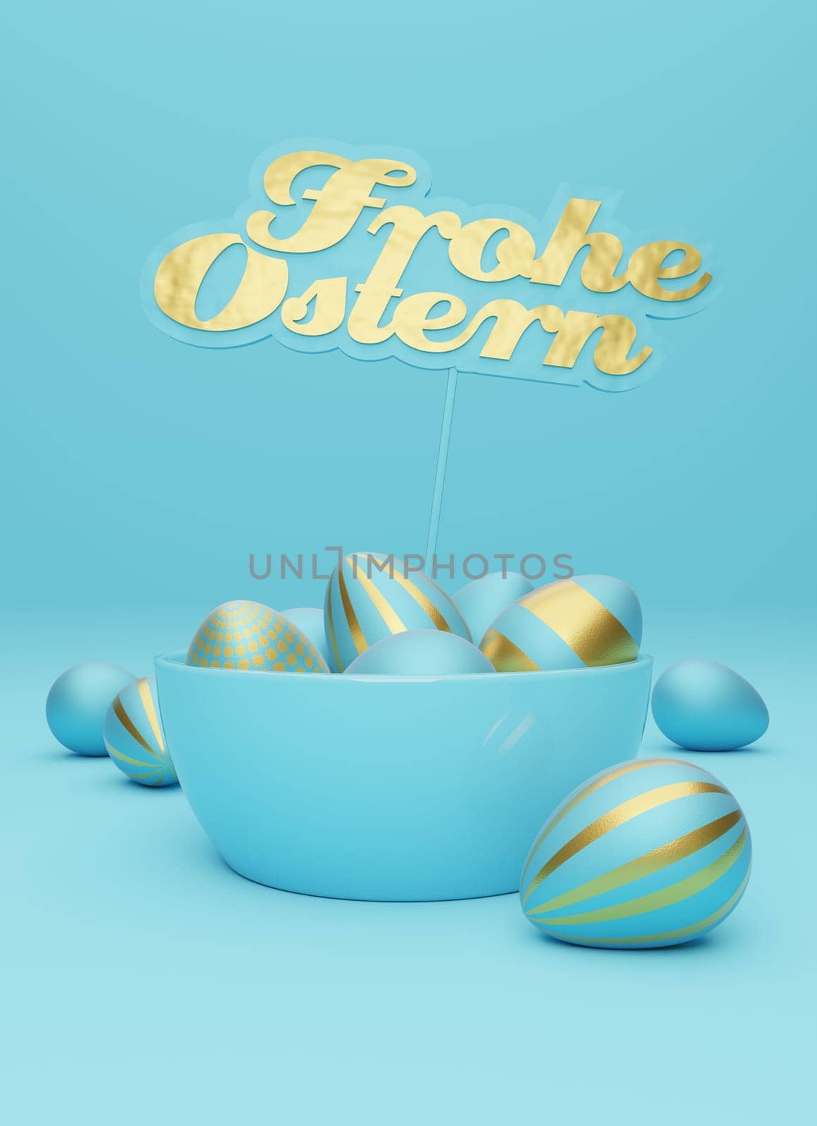 Many blue Easter eggs with golden sign and German words Happy Easter on a blue background, modern Easter background, 3d rendering
