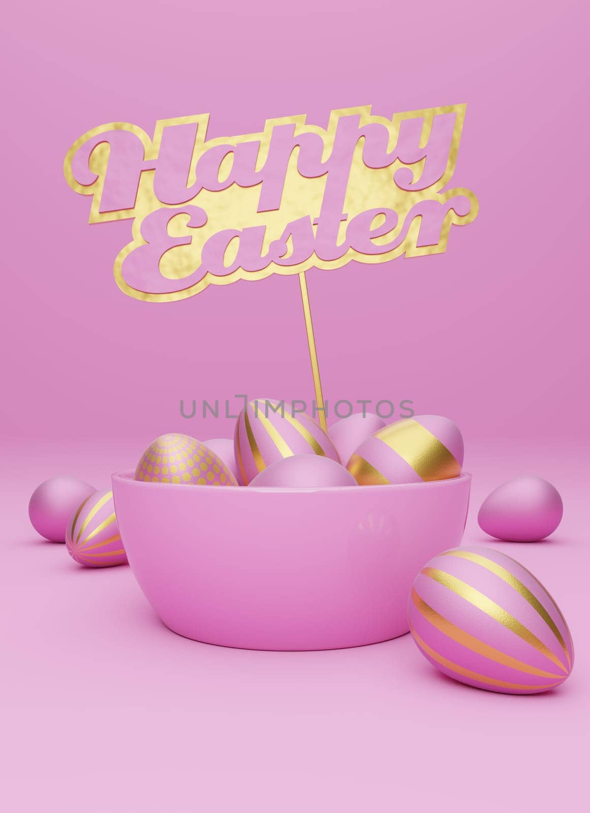 Many pink Easter eggs with golden sign and the words Happy Easter on a pink background, modern Easter background, 3d rendering