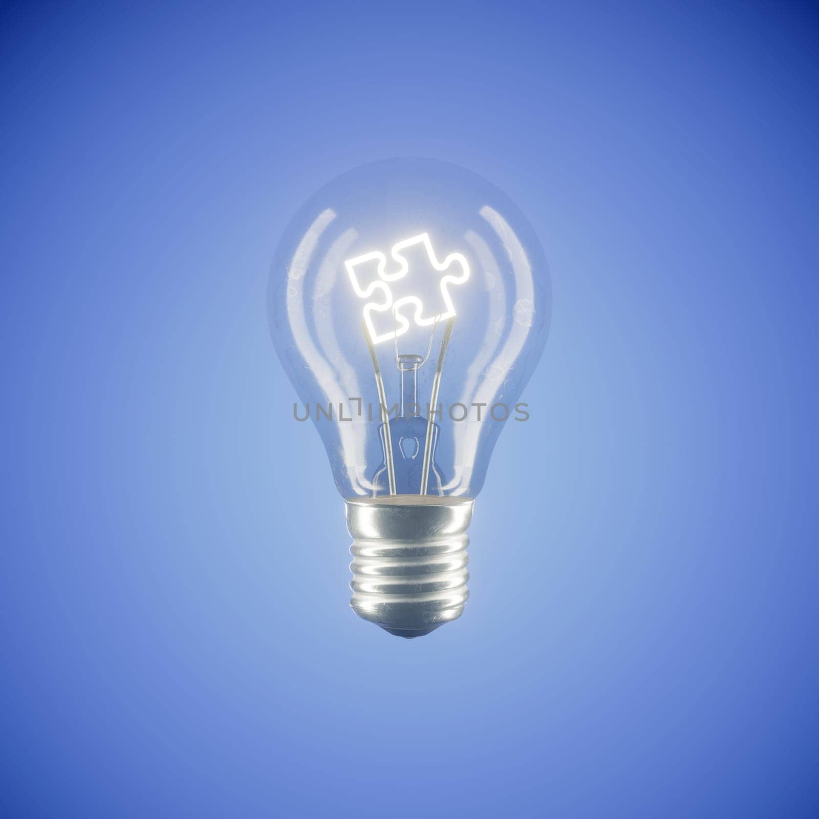 Bright light bulb with a jigsaw puzzle piece on a blue background, 3d rendering, creativity concept, new ideas, teamwork and togetherness