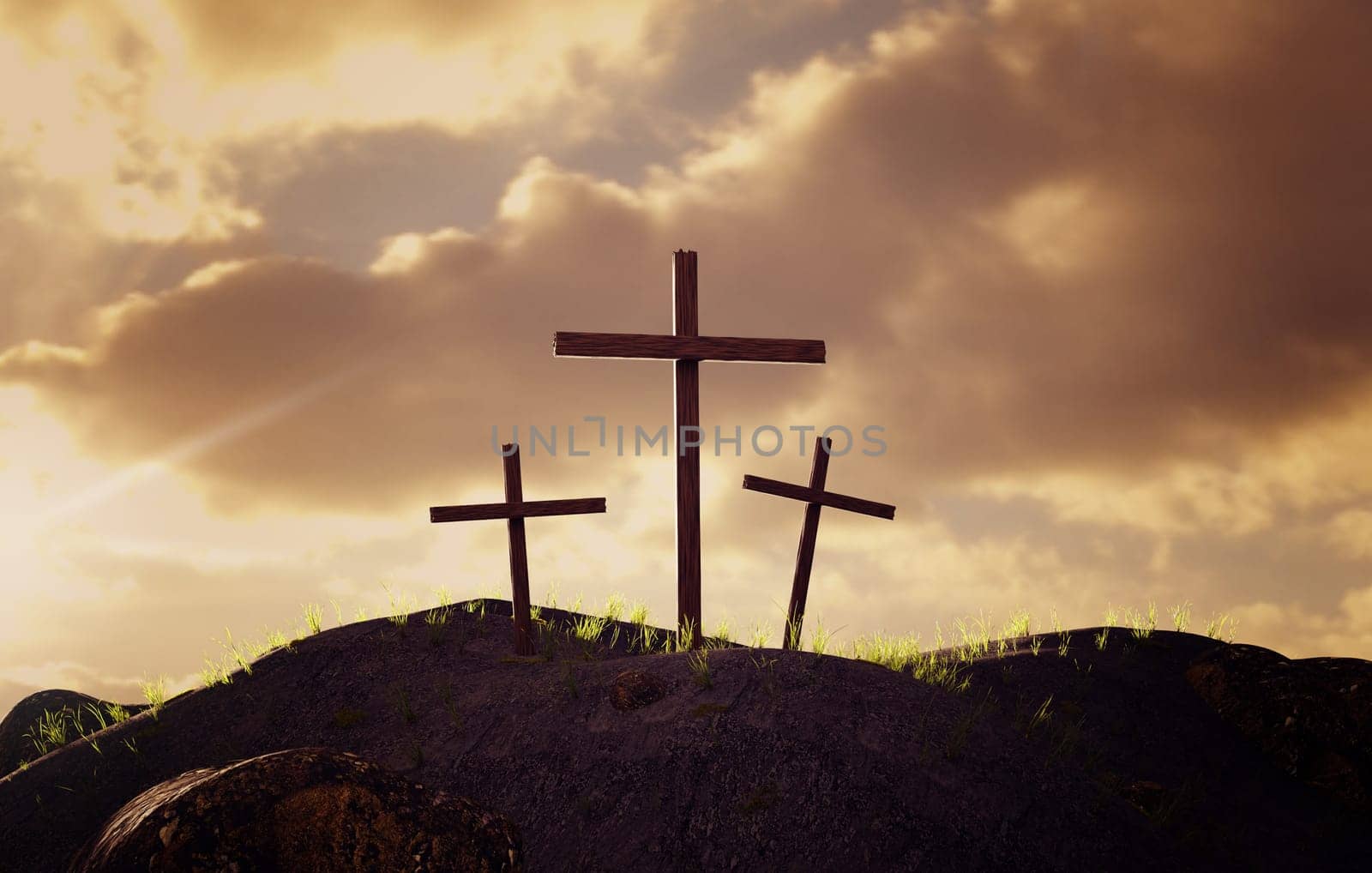 Three crosses on a hill, resurrection of Jesus Christ, crucifixion, sun rising, 3d rendering