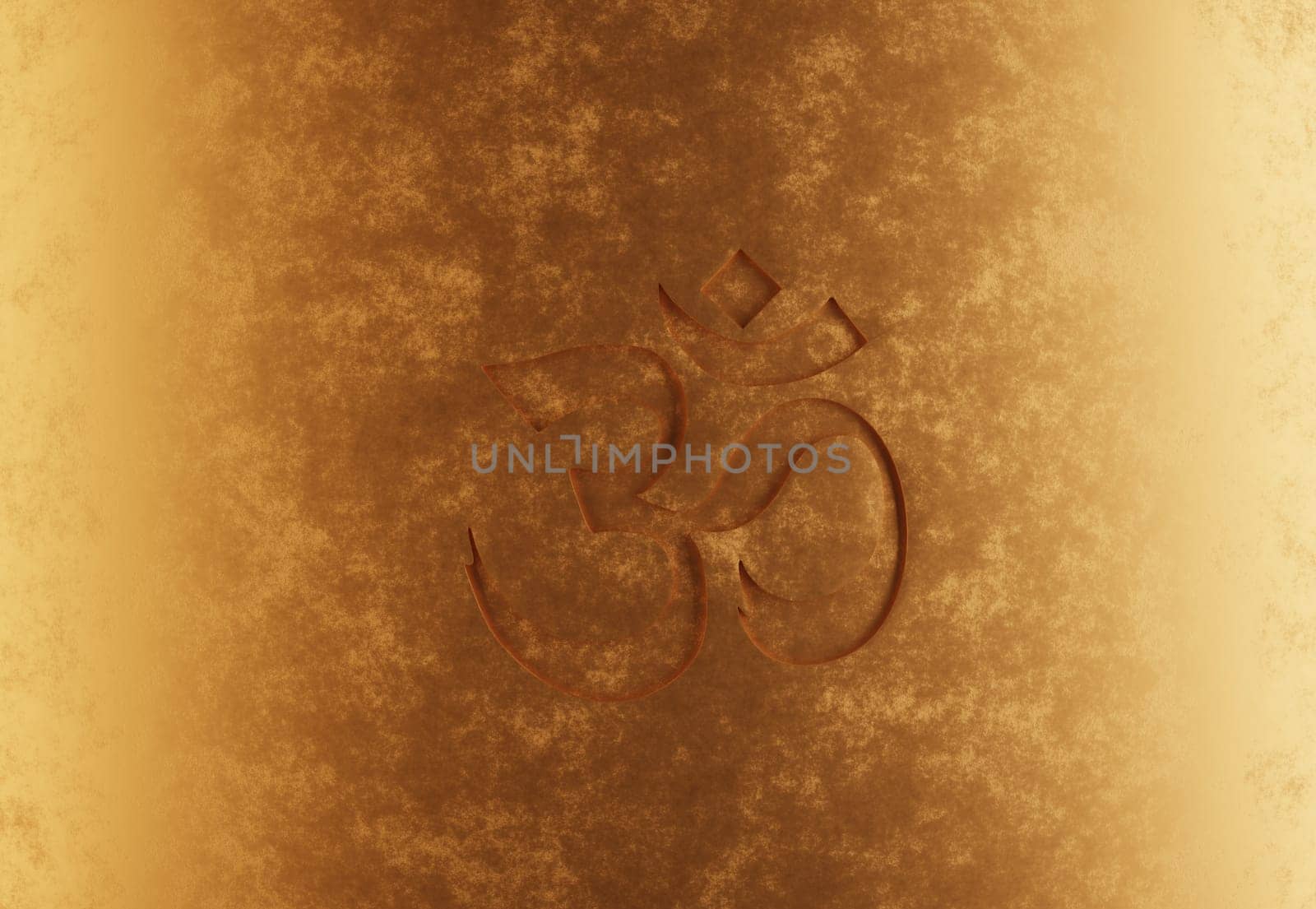 Om sign on a beautiful golden background, meditation or spiritual backdrop, 3d rendering