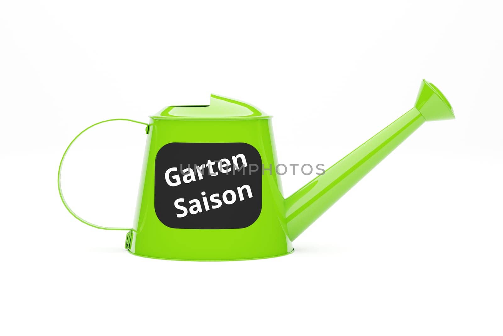 Green metal watering can with the German words Gardening season on a white background, 3d rendering