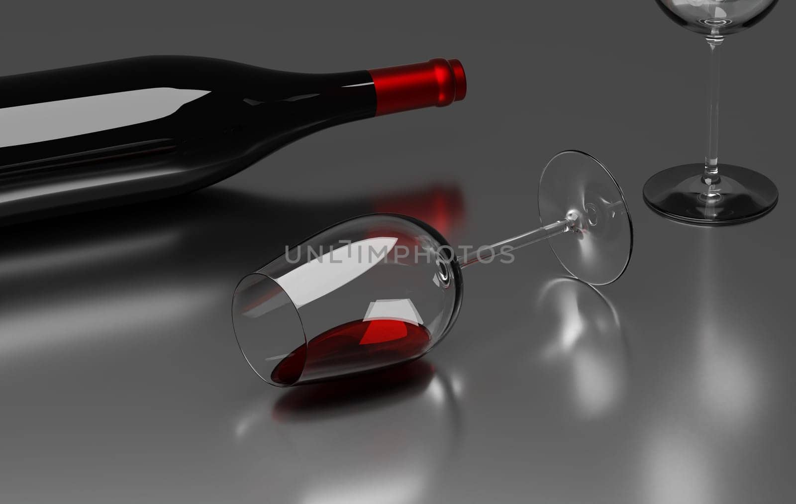 Glass of red wine with bottle on a dark reflective table, 3d rendering