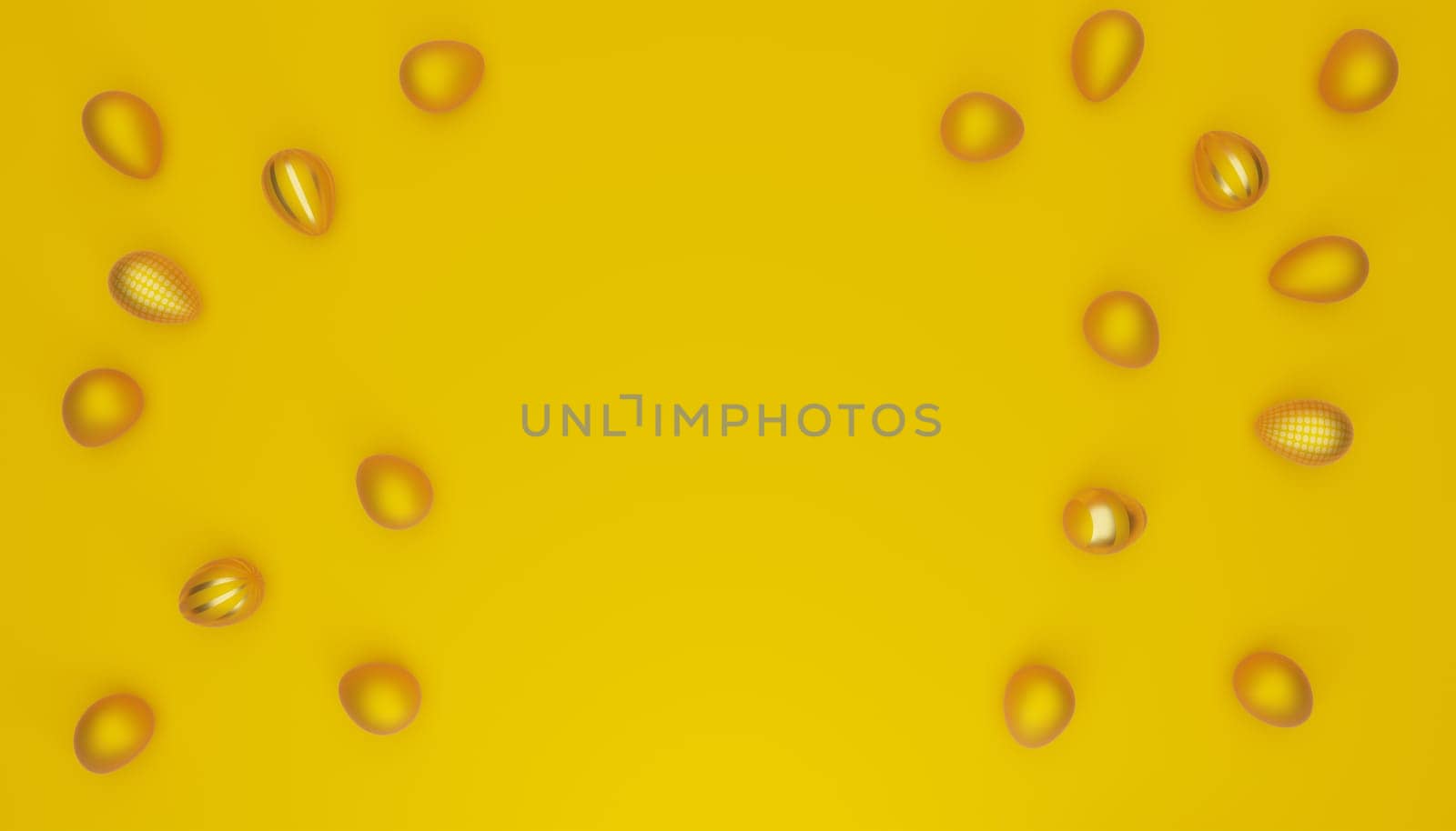 Many yellow Easter eggs with golden egg on a yellow background, modern Easter background, 3d rendering