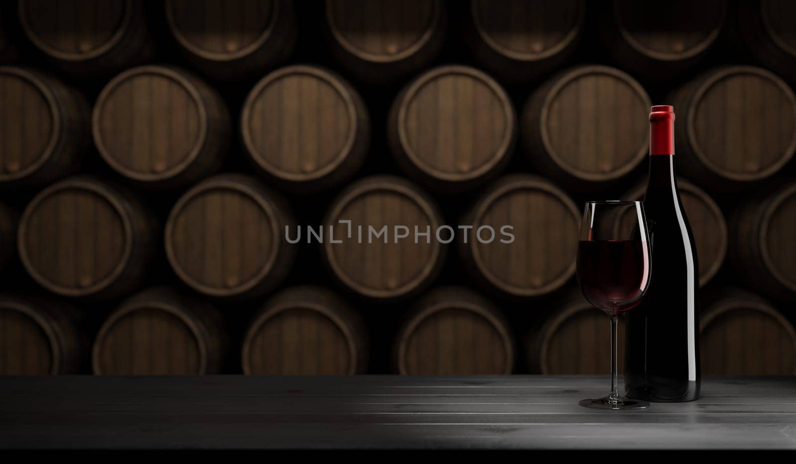 Glass of red wine with bottle on a rustic wooden table, wine barrels in the background, space for text, mixed media, 3d rendering