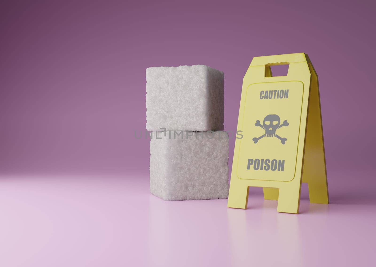 Stacked sugar cubes with a warning sign Caution Poison on a pink background, unhealthy food, 3d rendering