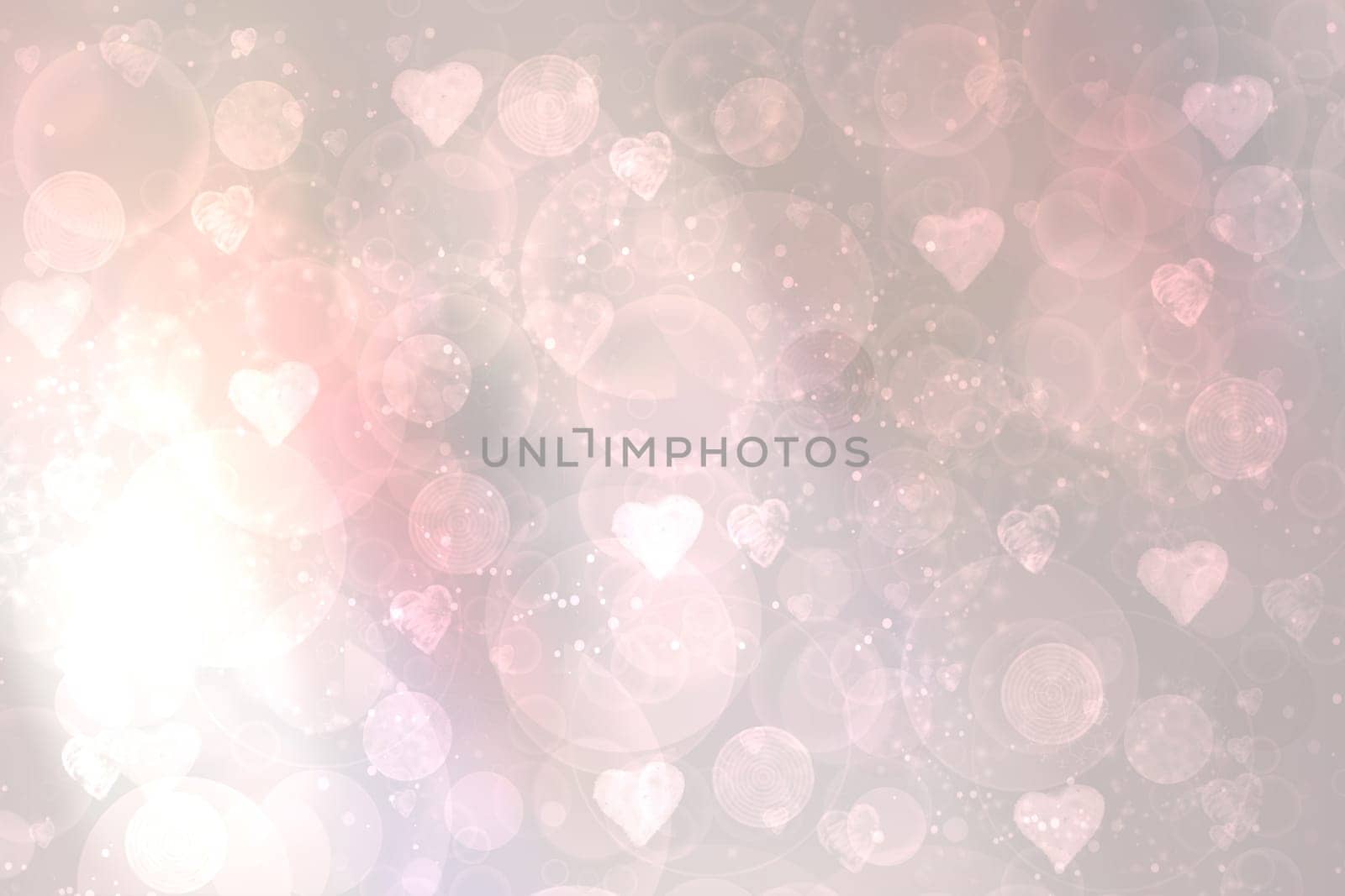 Valentines or mothers day card template. Abstract delicate romantic illustrated pink gradient blue background texture with pink and white bokeh hearts. Beautiful backdrop.