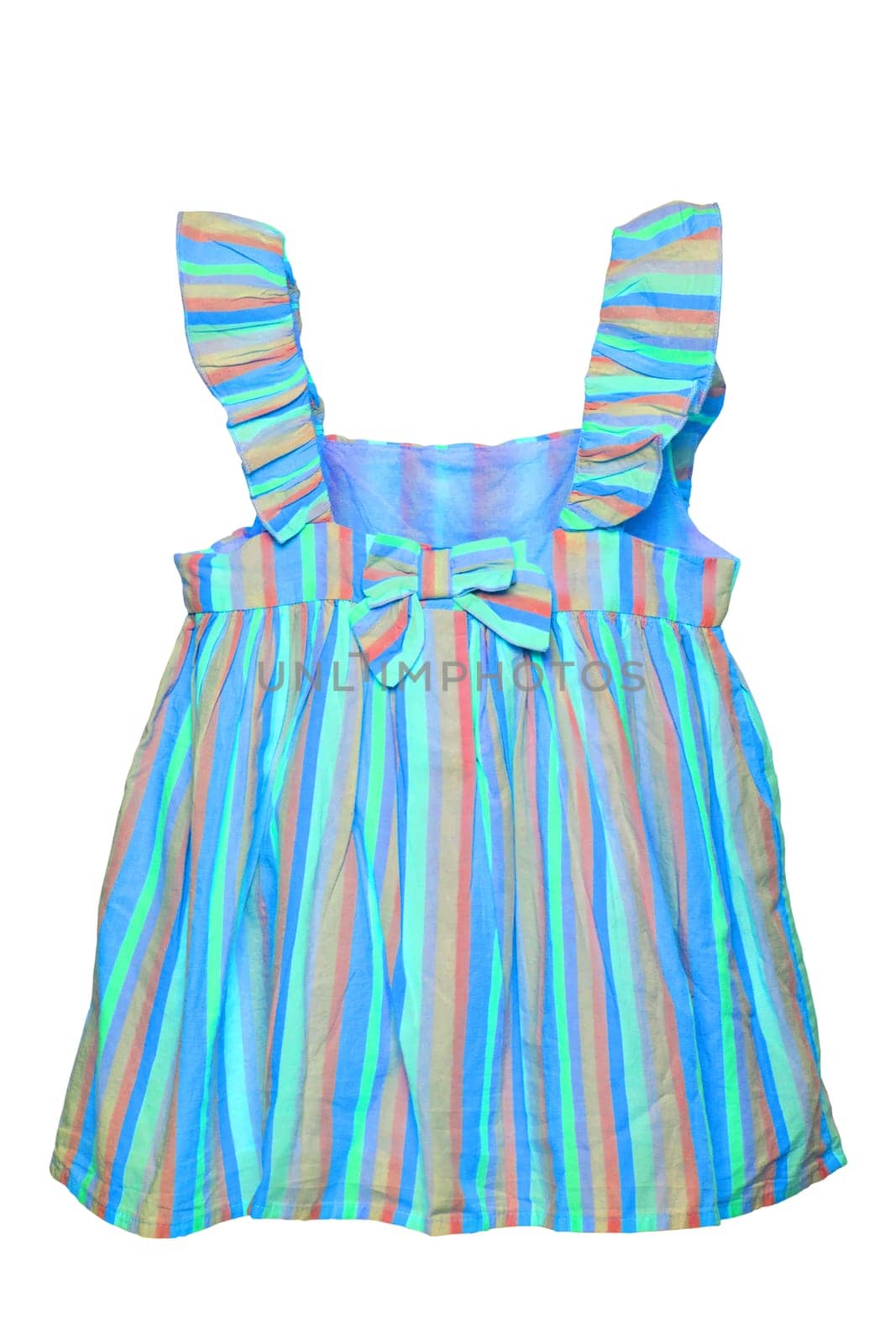 Summer dress isolated. Closeup of a colorful striped sleeveless baby girl dress isolated on a white background. Children spring fashion. Clipping path. Front view.