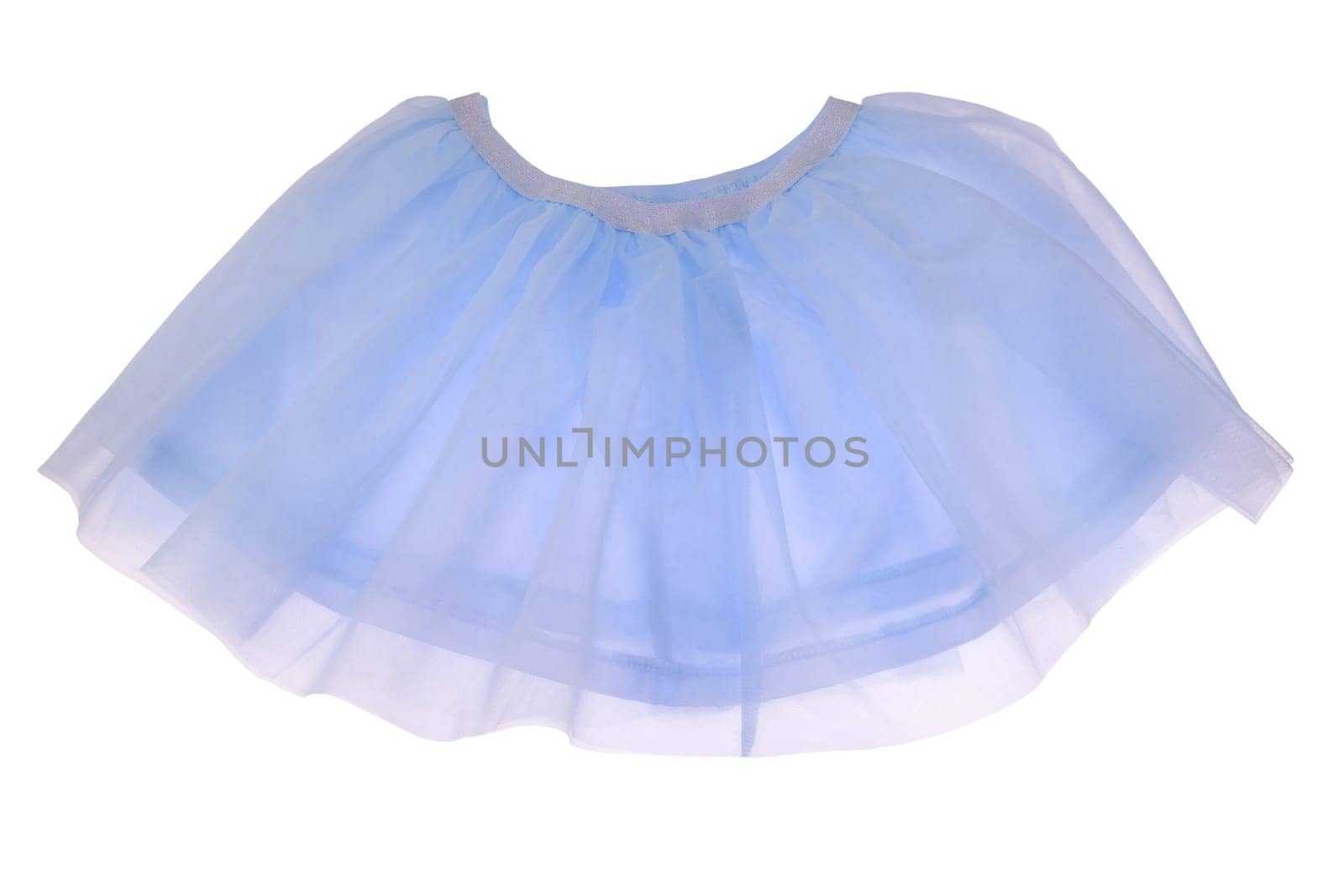 Blue skirt isolated. Beautiful delicate transparent pink silk summer skirt for girl. Clipping path. Ballerina kids clothing. Children clothes. Concept childs fashion.