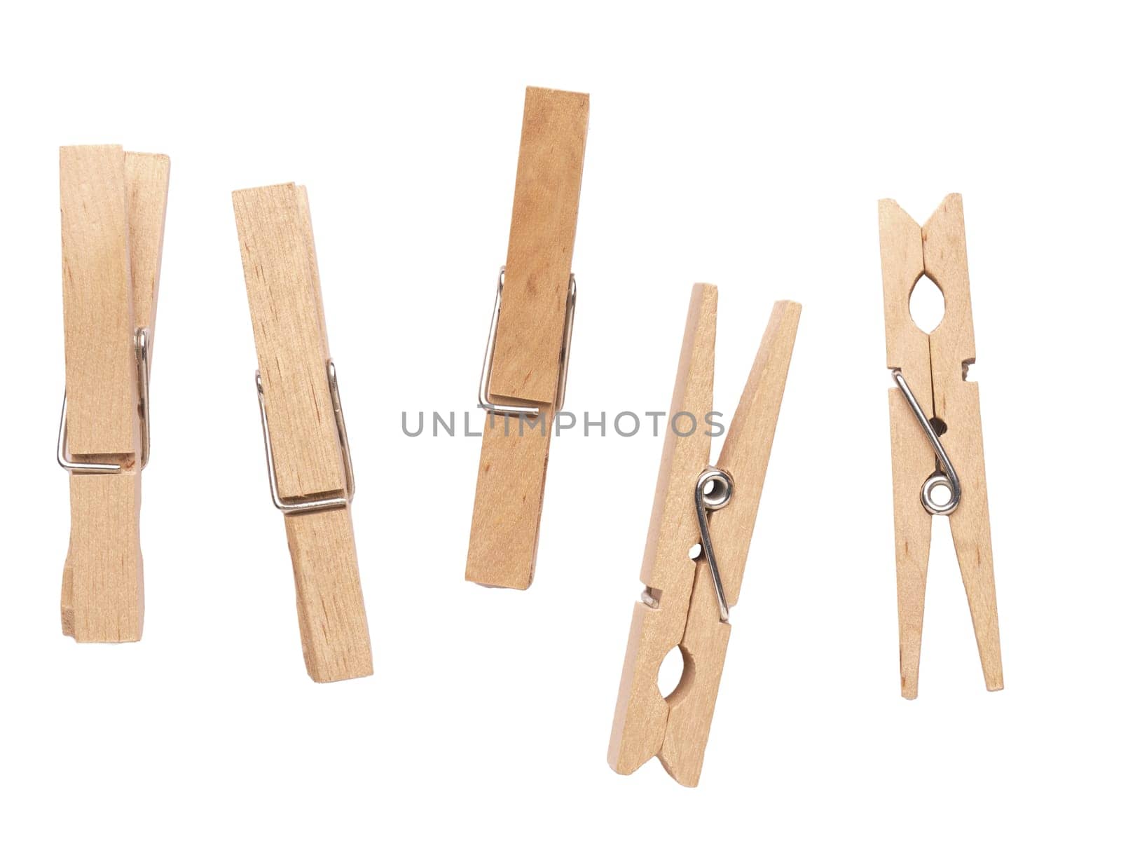 Close up of wooden clothespins on a white background, attach or hold together concept