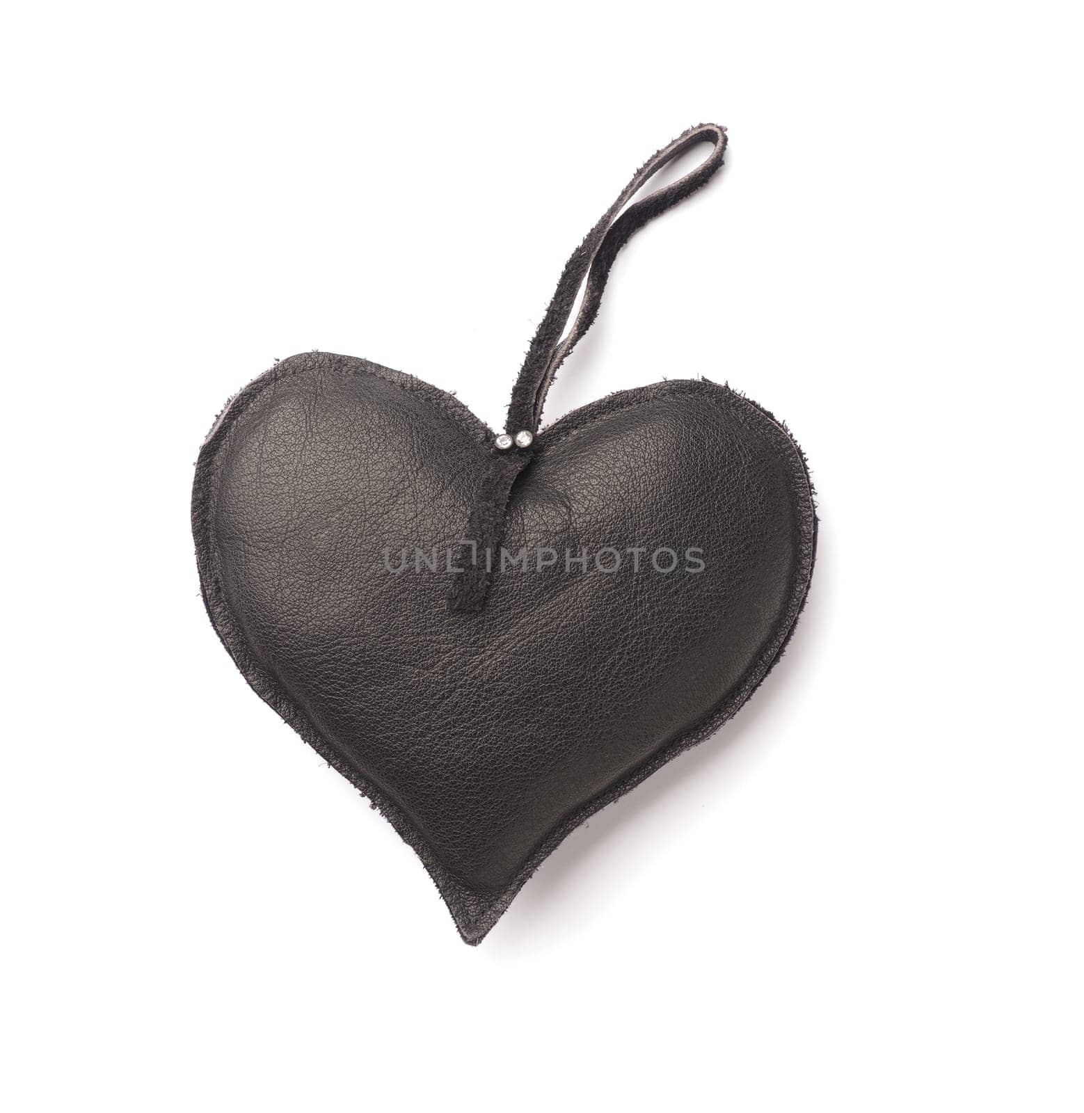 Black leather heart shape, love symbol, close up studio shot, Valentines Day or wedding object