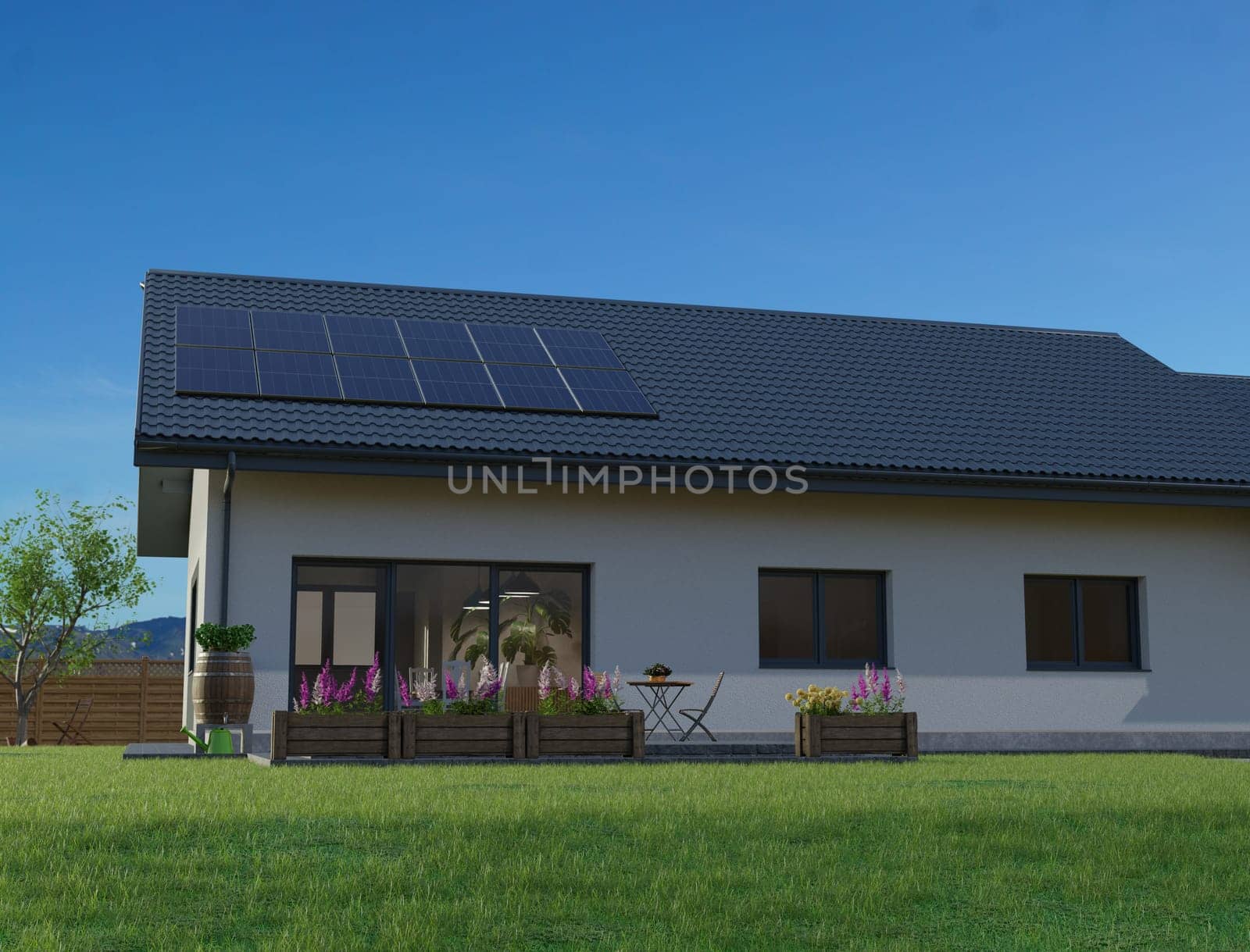 Energy-efficient single-family house with a photovoltaic system on the roof, energy transition, alternative energies, resource conservation, environment and nature conservation, Mixed Media, 3d rendering
