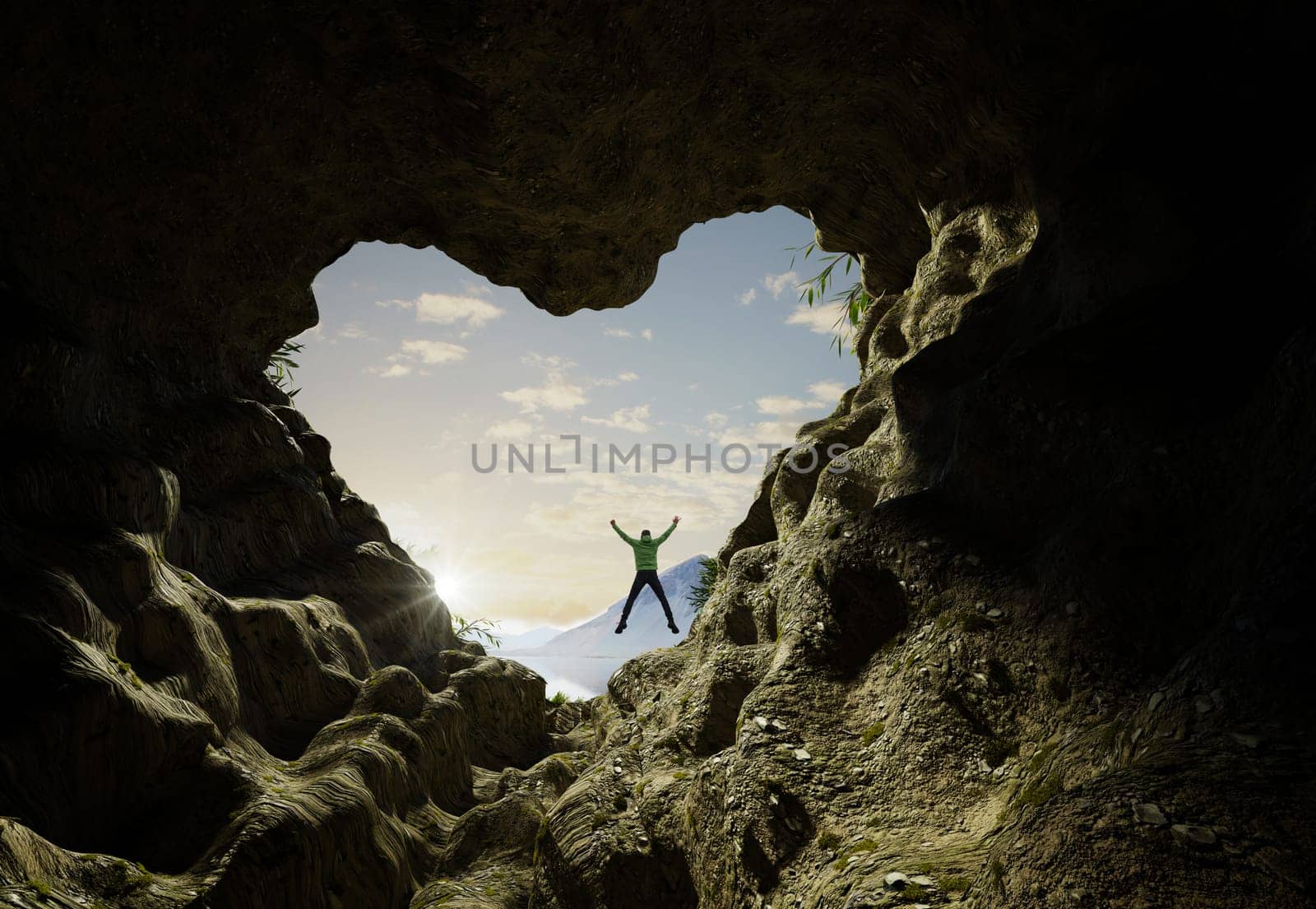 Man comes out of heart shaped cave and jumps up for joy, 3d rendering, mixed media