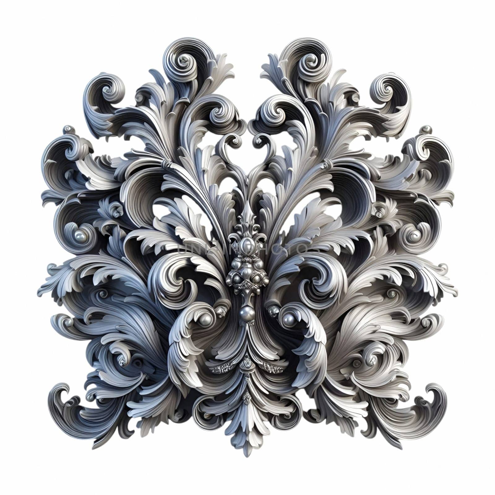 A silver baroque ornament featuring intricate scrolls and flourishes against a white background. the ornament has a vintage, antique appearance with a metallic, silver texture.