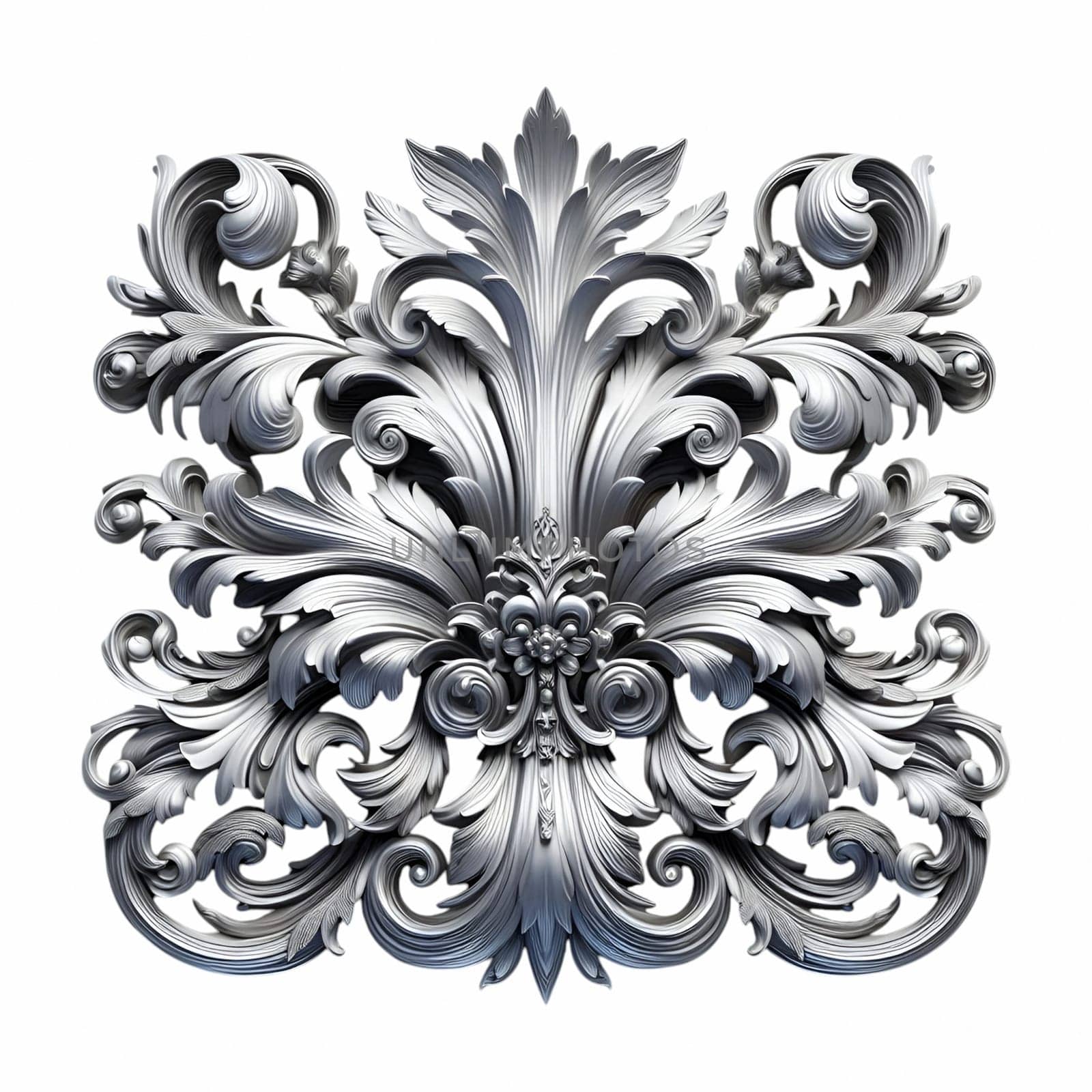 A silver baroque ornament featuring intricate scrolls and flourishes against a white background. the ornament has a vintage, antique appearance with a metallic, silver texture.