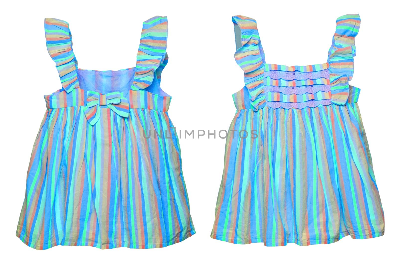 Summer dress isolated. Closeup of a colorful striped sleeveless baby girl dress isolated on a white background. Children spring fashion. Front and back view.