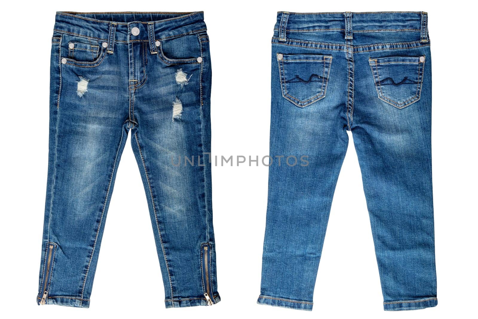 Girls jeans isolated. Elegant trendy stylish female blue jeans trousers isolated on a white background. Fashionable denim pants for kids. Front and back view.