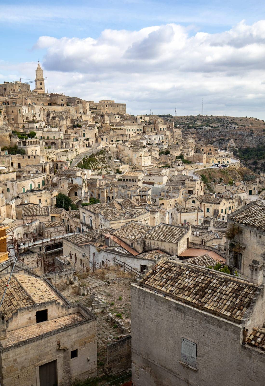 View of the Sassi di Matera a historic district in the city of Matera, well-known for their ancient cave dwellings. Basilicata. Italy