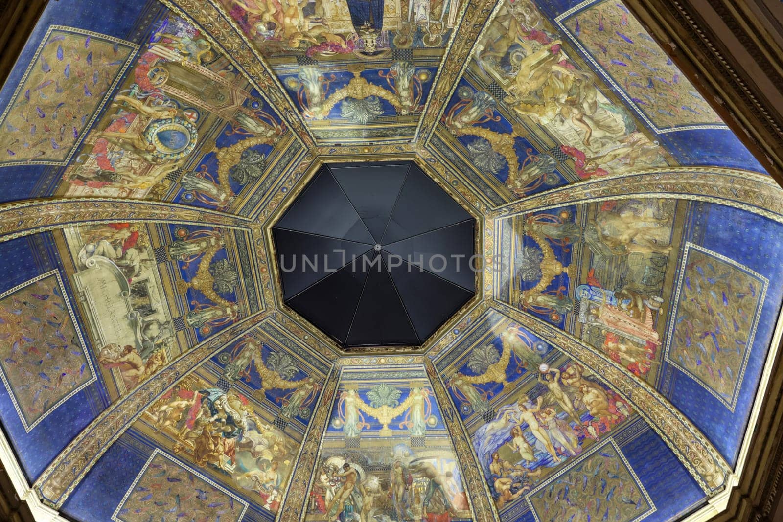 Venice, Italy - September 6, 2022: Decorated ceiling of the Biennale Central Pavilion located in Giardini in Venice. Italy